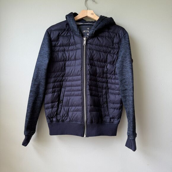 Jet Lag Navy Hooded Jacket Mens Medium‎ Quilted Puffer - Picture 1 of 3